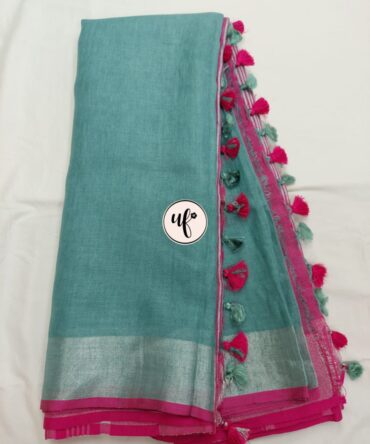 Light Teal And Pink Border Silver Solid Pure Linen Saree