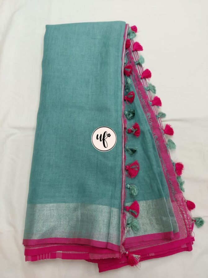 Light Teal And Pink Border Silver Solid Pure Linen Saree
