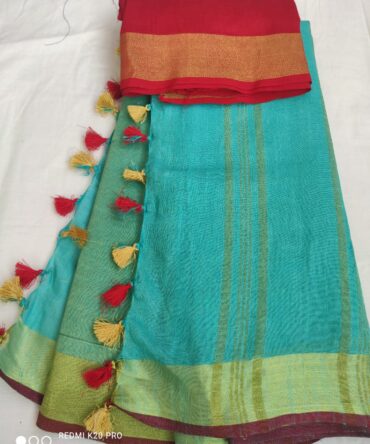 Sea Green With Red Golden Border Cotton Linen Saree
