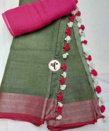 Lava Grey And Pink Border Solid Pure Linen Saree
