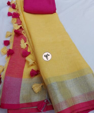 Yellow And Pink Border Solid Pure Linen Saree