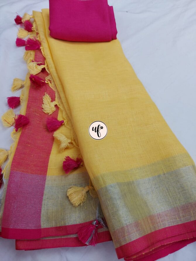 Yellow And Pink Border Solid Pure Linen Saree