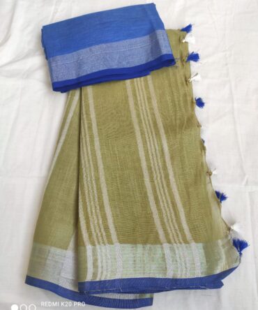 Light Khaki With Blue Silver Border Cotton Linen Saree