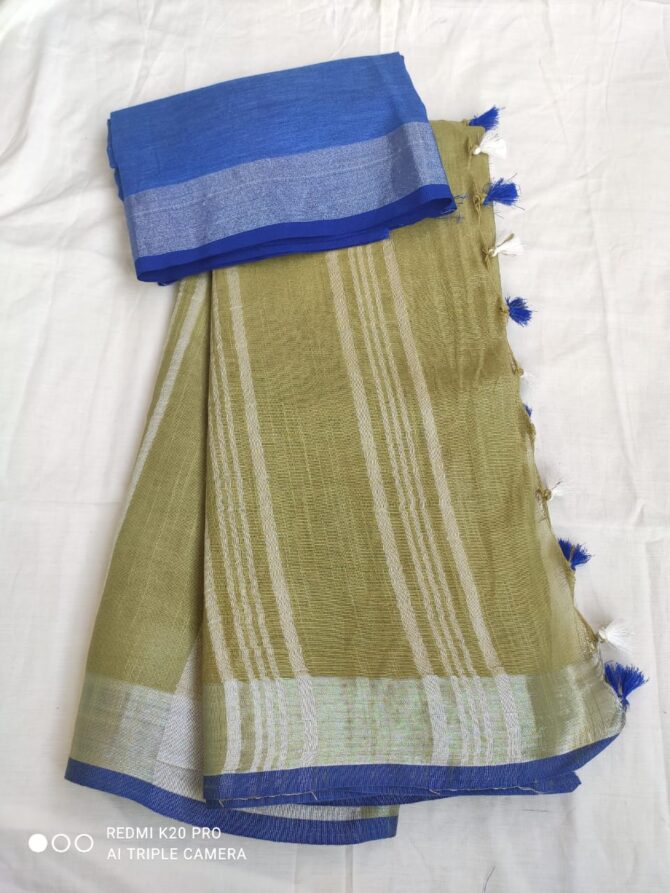 Light Khaki With Blue Silver Border Cotton Linen Saree