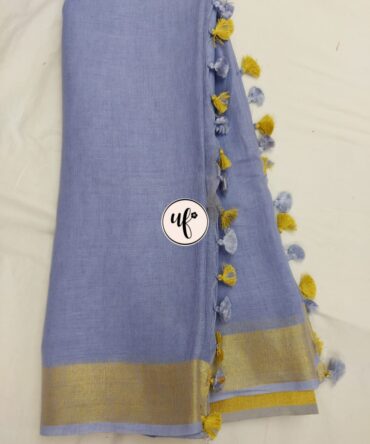 Carolina Blue And Golden Border Solid Pure Linen Saree