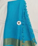 Sky  Blue And Golden Border Solid Pure Linen Saree