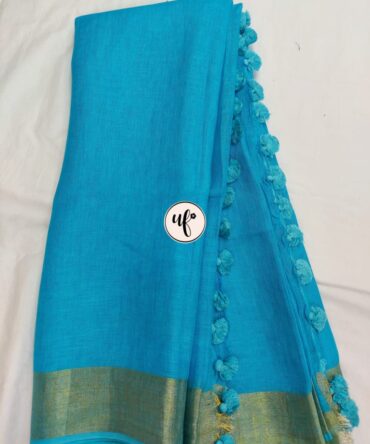 Sky  Blue And Golden Border Solid Pure Linen Saree