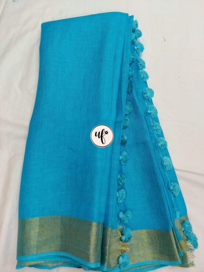 Sky  Blue And Golden Border Solid Pure Linen Saree