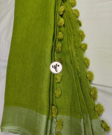 Lime Green And Silver Border Solid Pure Linen Saree