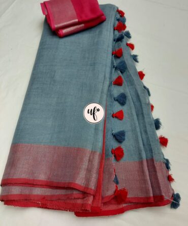 Steel Blue And Red Border Solid Pure Linen Saree