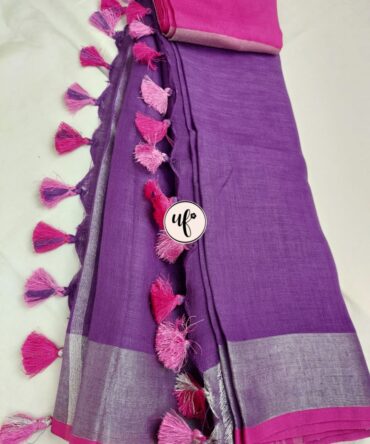 Pink  And Purple Solid Pure Linen Saree