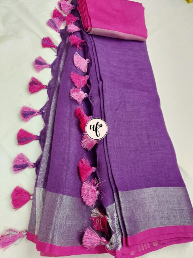 Pink  And Purple Solid Pure Linen Saree
