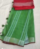 Parrot Green with Silver Red Border Cotton Linen Saree