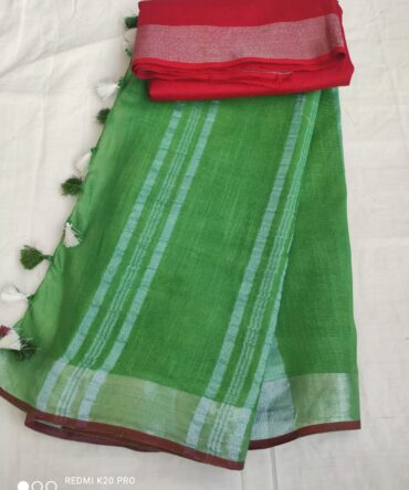 Parrot Green with Silver Red Border Cotton Linen Saree