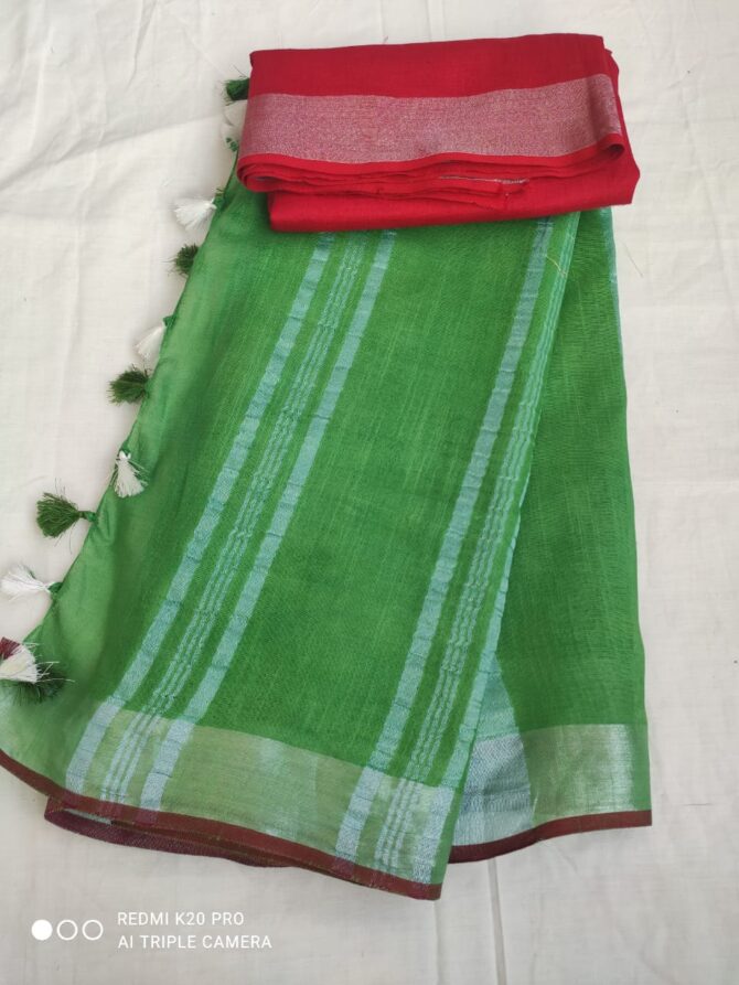 Parrot Green with Silver Red Border Cotton Linen Saree