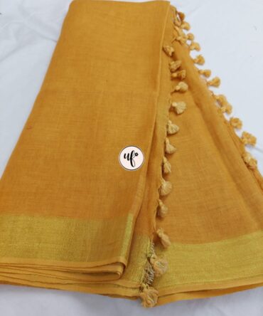 Yellow And Golden Border Solid Pure Linen Saree