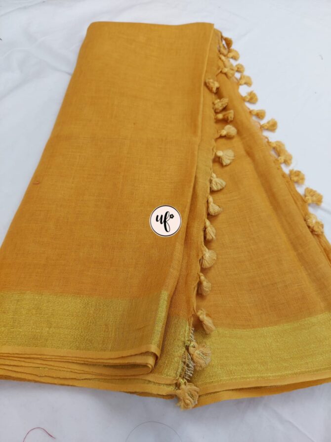 Yellow And Golden Border Solid Pure Linen Saree