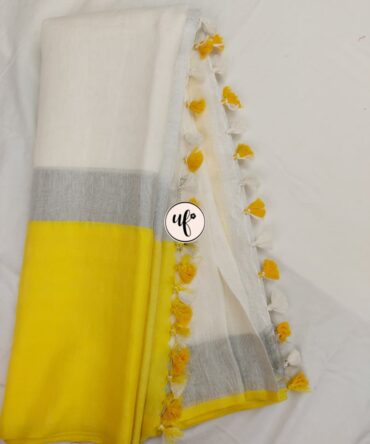 White and Yellow Silver Border Solid Pure Linen Saree