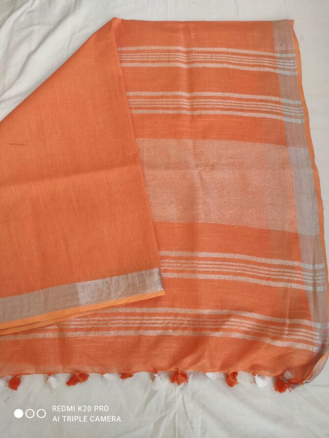 Peony Peach with Silver Border Cotton Linen Saree