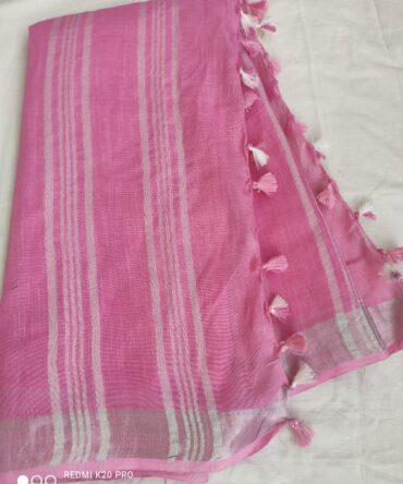 Plum Pink With Silver Border Cotton Linen Saree