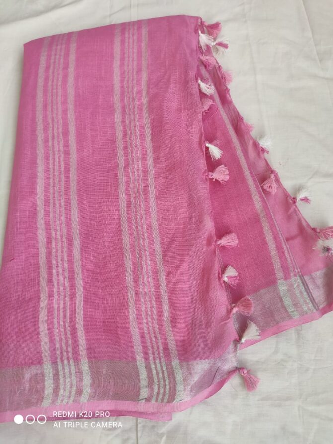 Plum Pink With Silver Border Cotton Linen Saree