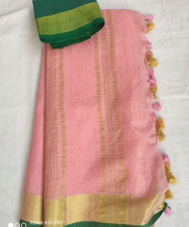 Blush Pink With Golden Green Border Cotton Linen Saree
