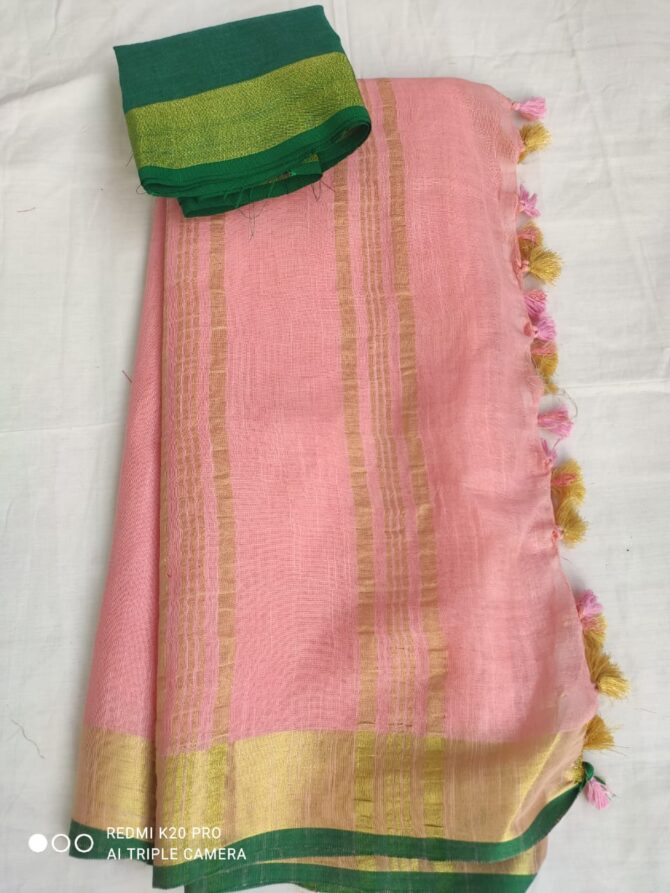 Blush Pink With Golden Green Border Cotton Linen Saree