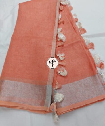 Peach Pink And Silver Border Pure Linen Saree