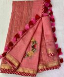 Light Peach Silk Linen Hand Embroidered With Zari Border Saree