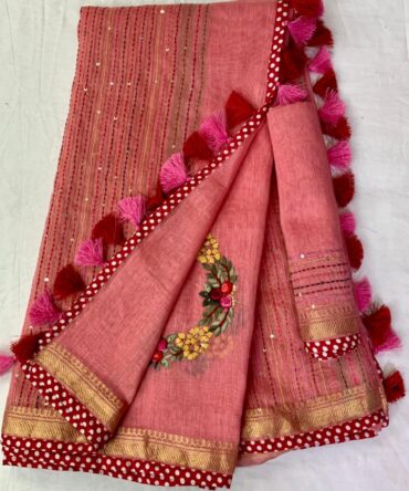 Light Peach Silk Linen Hand Embroidered With Zari Border Saree