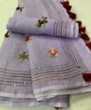 Light Mauve Linen Hand Embroidery With Zari Border Saree