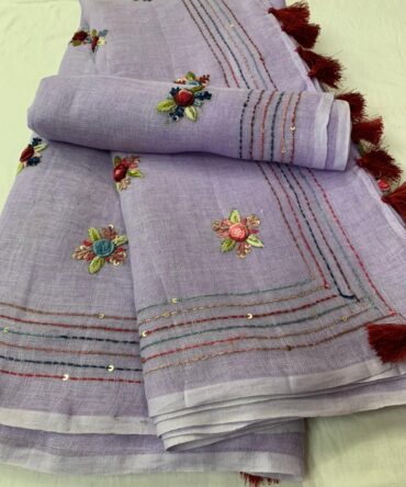 Light Mauve Linen Hand Embroidery With Zari Border Saree