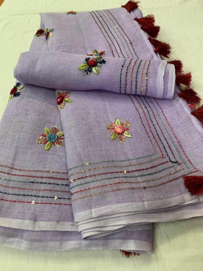 Light Mauve Linen Hand Embroidery With Zari Border Saree