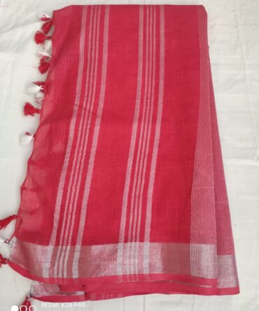 Pink With Silver Border Cotton Linen Saree