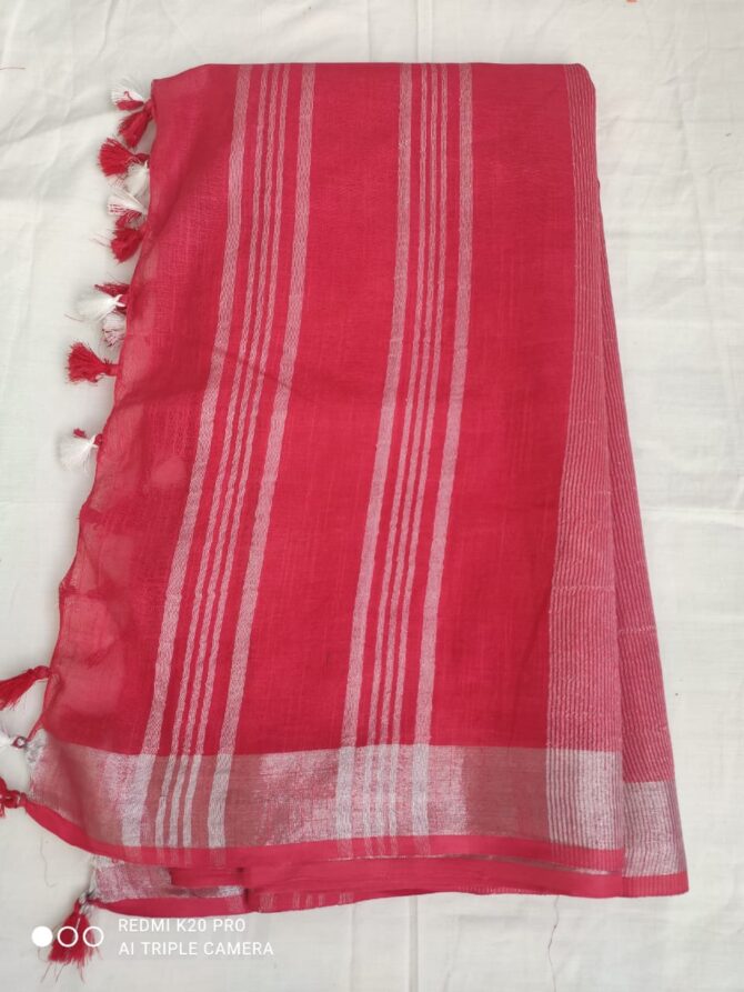 Pink With Silver Border Cotton Linen Saree
