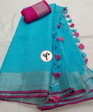 Blue And Pink Border Solid Pure Linen Saree