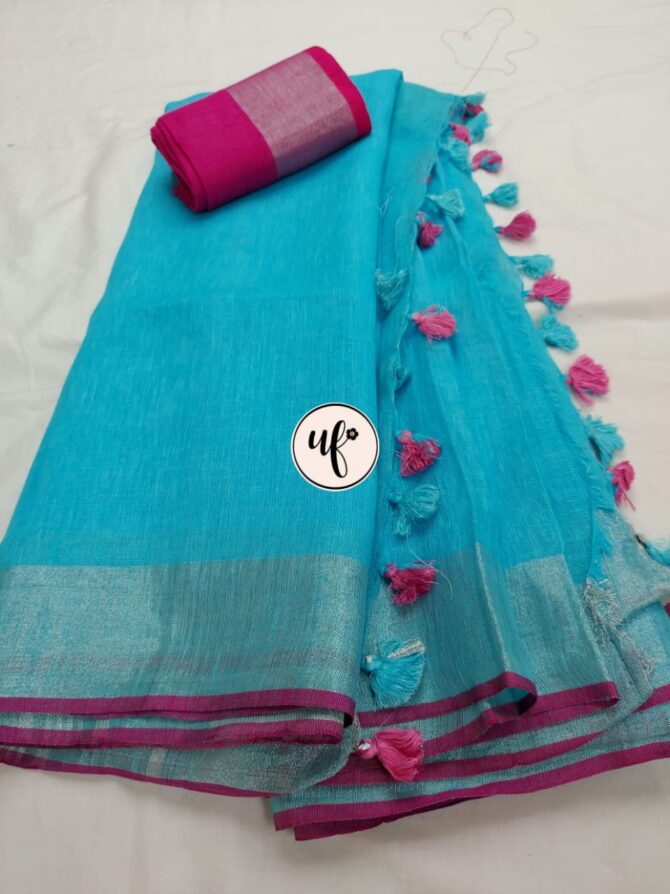 Blue And Pink Border Solid Pure Linen Saree