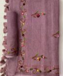 Violet Linen  Hand Embroidered With Zari Border Saree