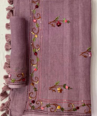 Violet Linen  Hand Embroidered With Zari Border Saree