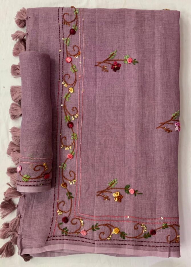 Violet Linen  Hand Embroidered With Zari Border Saree