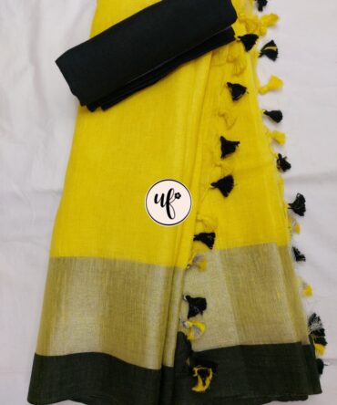 Lemon Yellow And Golden Black Border Solid Pure Linen Saree