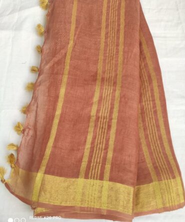 Brown With Golden Border Cotton Linen Saree