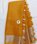 Mustard Yellow And Silver Border Solid Pure Linen Saree