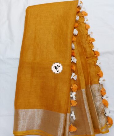 Mustard Yellow And Silver Border Solid Pure Linen Saree