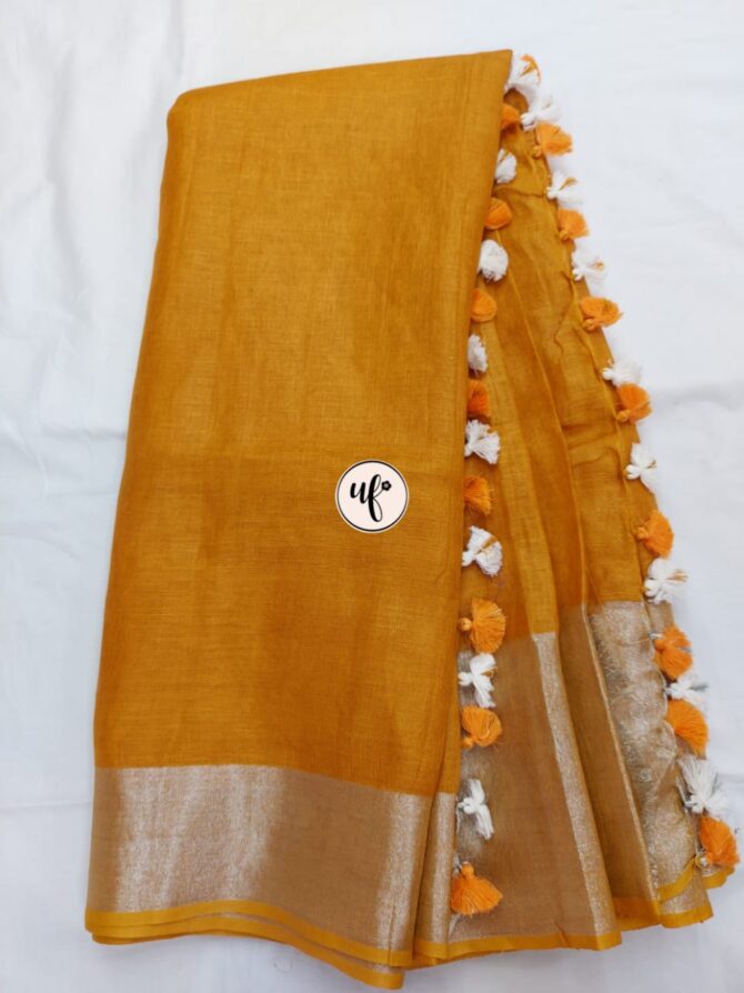 Mustard Yellow And Silver Border Solid Pure Linen Saree