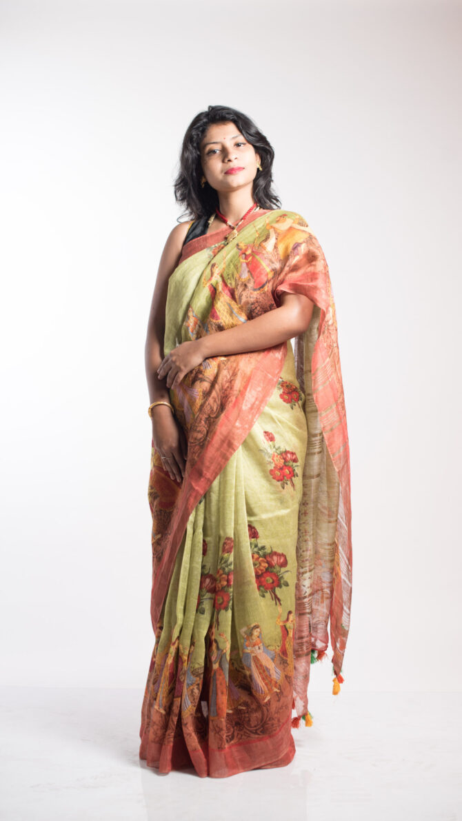 Pear Green Silk Linen Kalamkari Print Saree