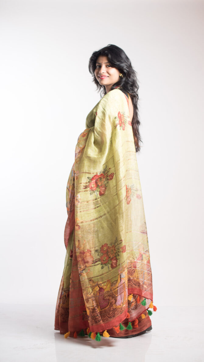Pear Green Silk Linen Kalamkari Print Saree