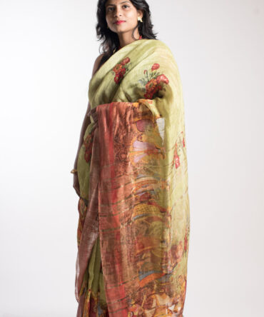 Pear Green Silk Linen Kalamkari Print Saree