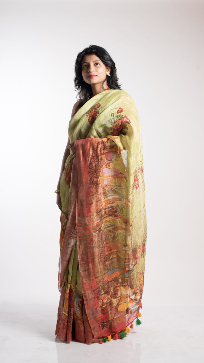 Pear Green Silk Linen Kalamkari Print Saree