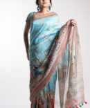Light Blue Silk Linen Kalamkari Print Saree